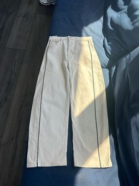 MOTHER Cream Wide-Leg Jeans with Copper Rivet Detail